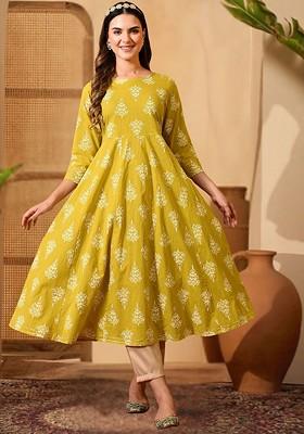 Yellow Printed Blended Kurta Set