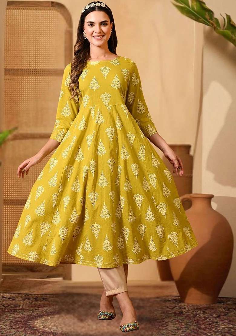 Yellow Printed Blended Kurta Set - Indya