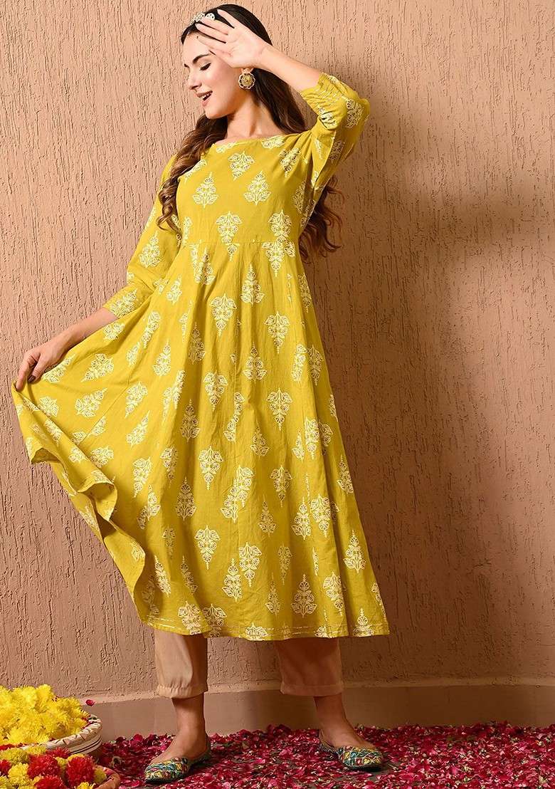 Yellow Printed Blended Kurta Set - Indya