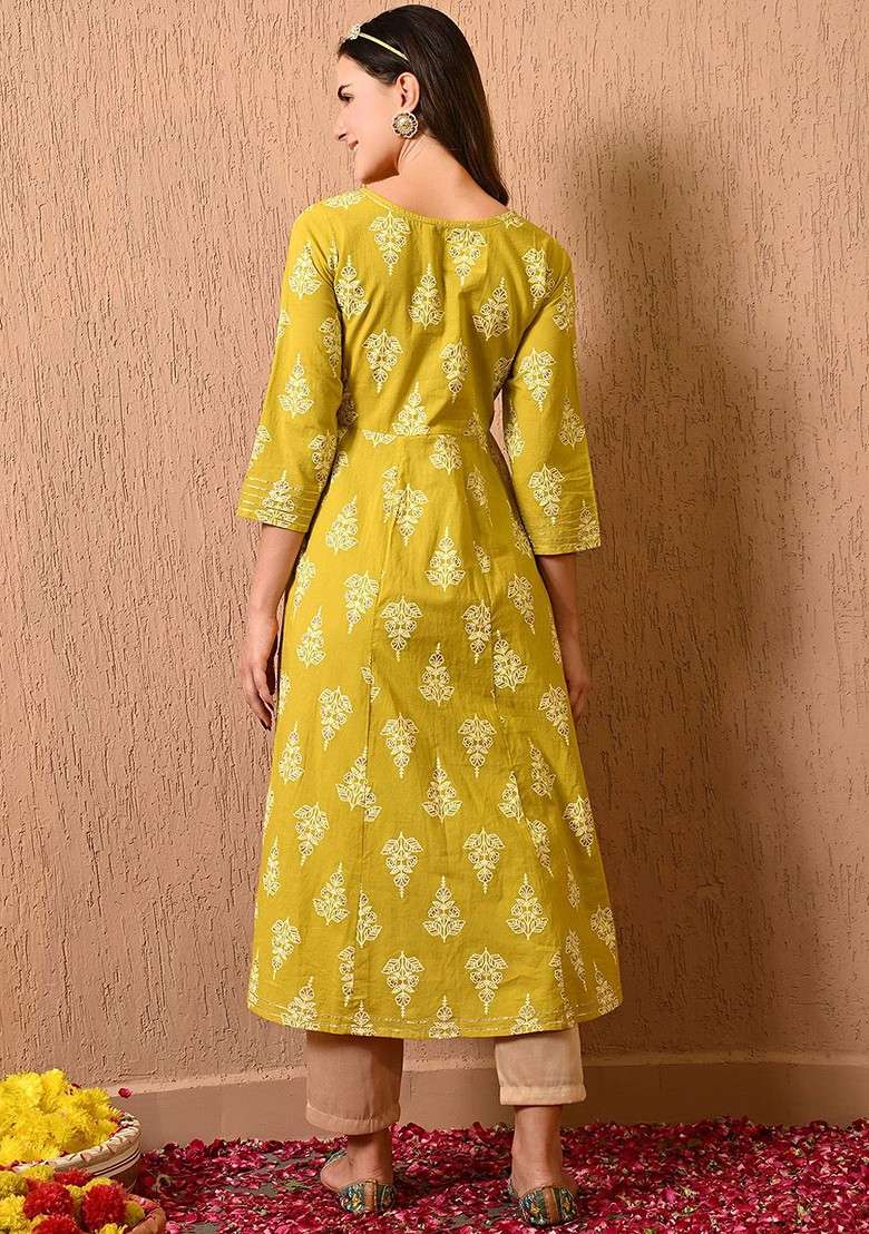 Yellow Printed Blended Kurta Set - Indya