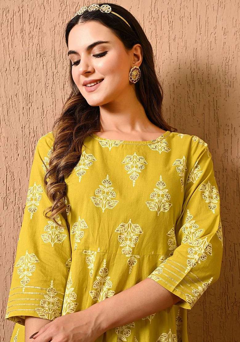 Yellow Printed Blended Kurta Set - Indya