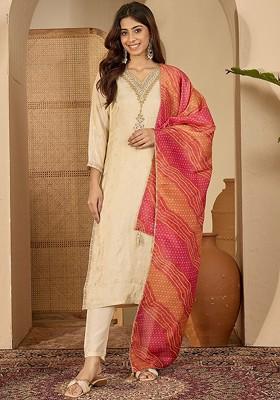Cream Embroidered Blended Kurta Set