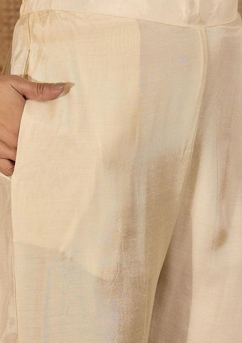 Cream Embroidered Blended Kurta Set - Indya