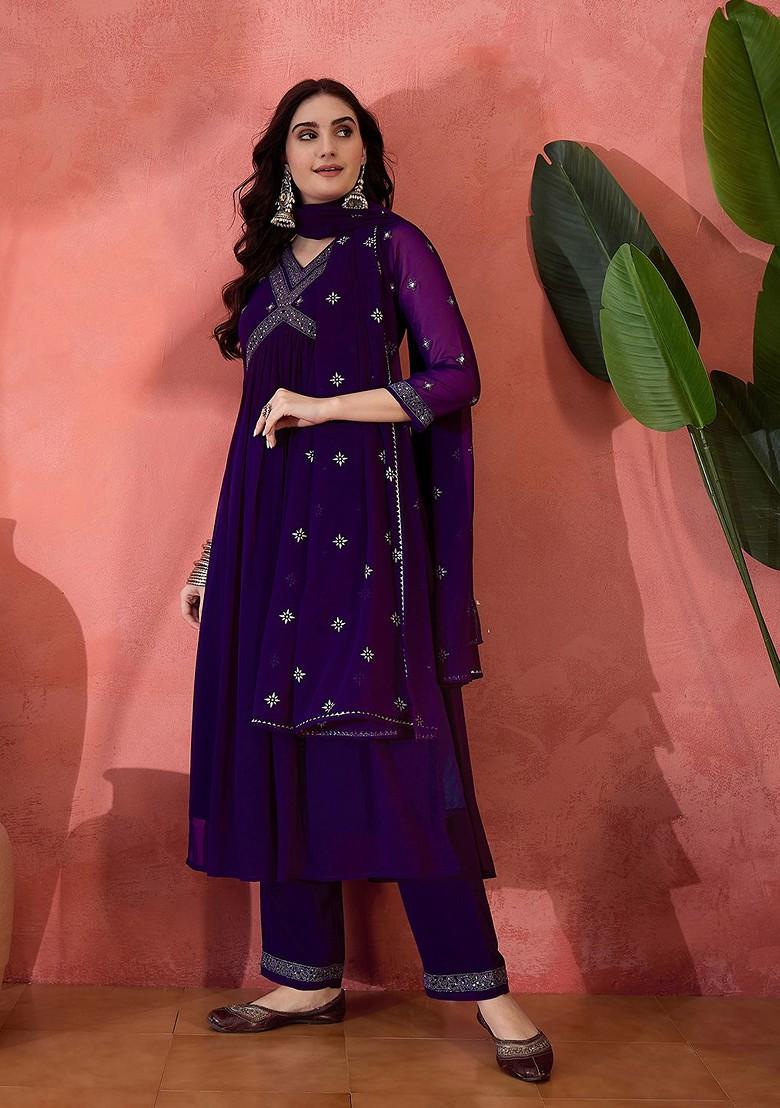 Purple Embroidered Blended Kurta Set - Indya