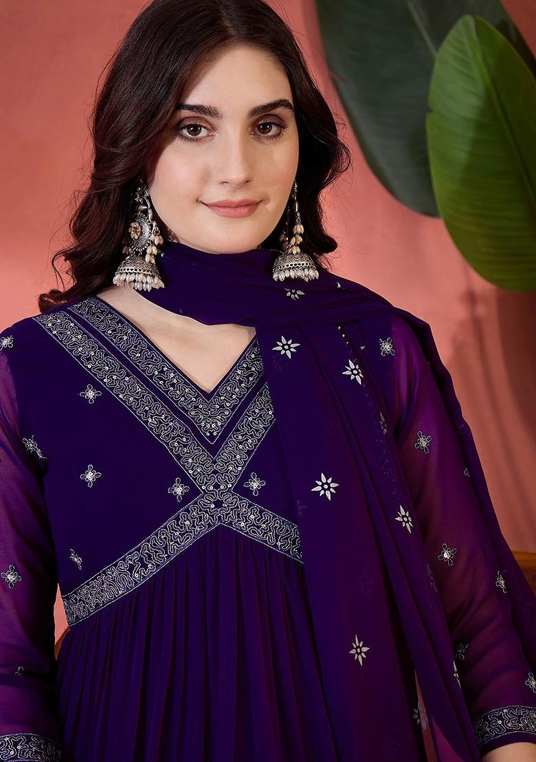 Purple Embroidered Blended Kurta Set - Indya