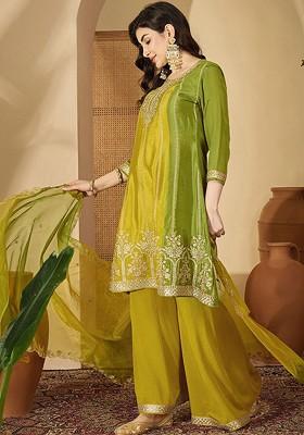 Yellow Embroidered Blended Kurta Set