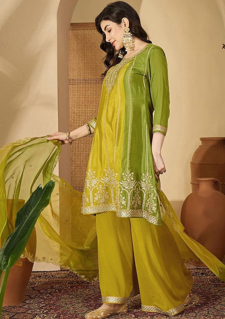 Yellow Embroidered Blended Kurta Set - Indya