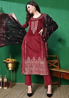 Maroon Printed Blended Kurta Set