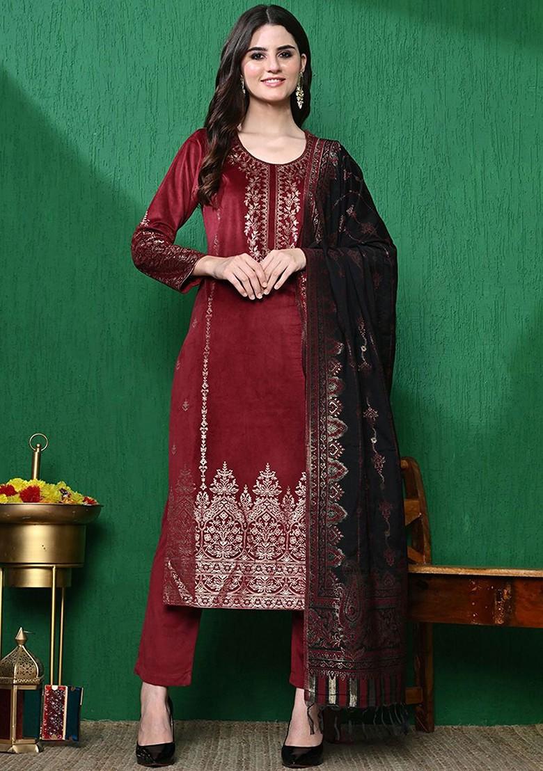 Maroon Printed Blended Kurta Set - Indya