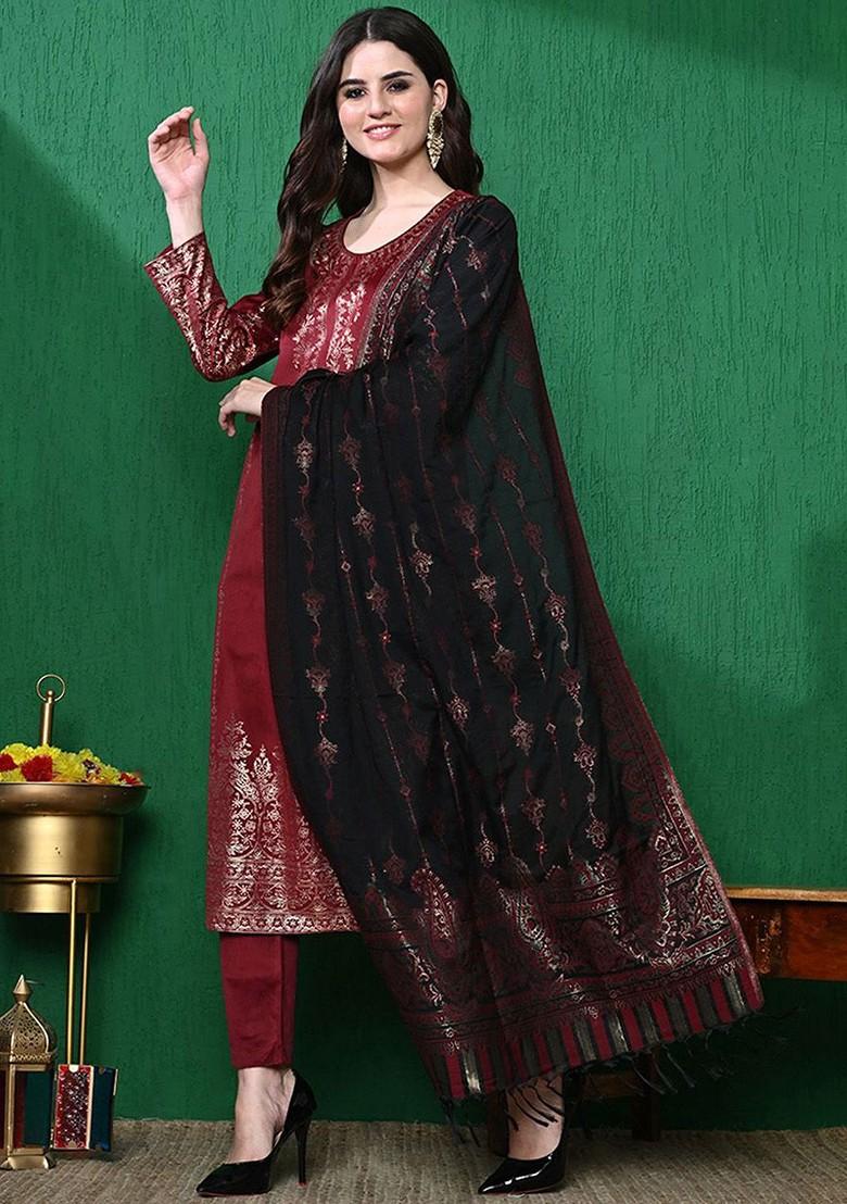 Maroon Printed Blended Kurta Set - Indya