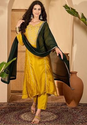 Mustard Embroidered Blended Kurta Set
