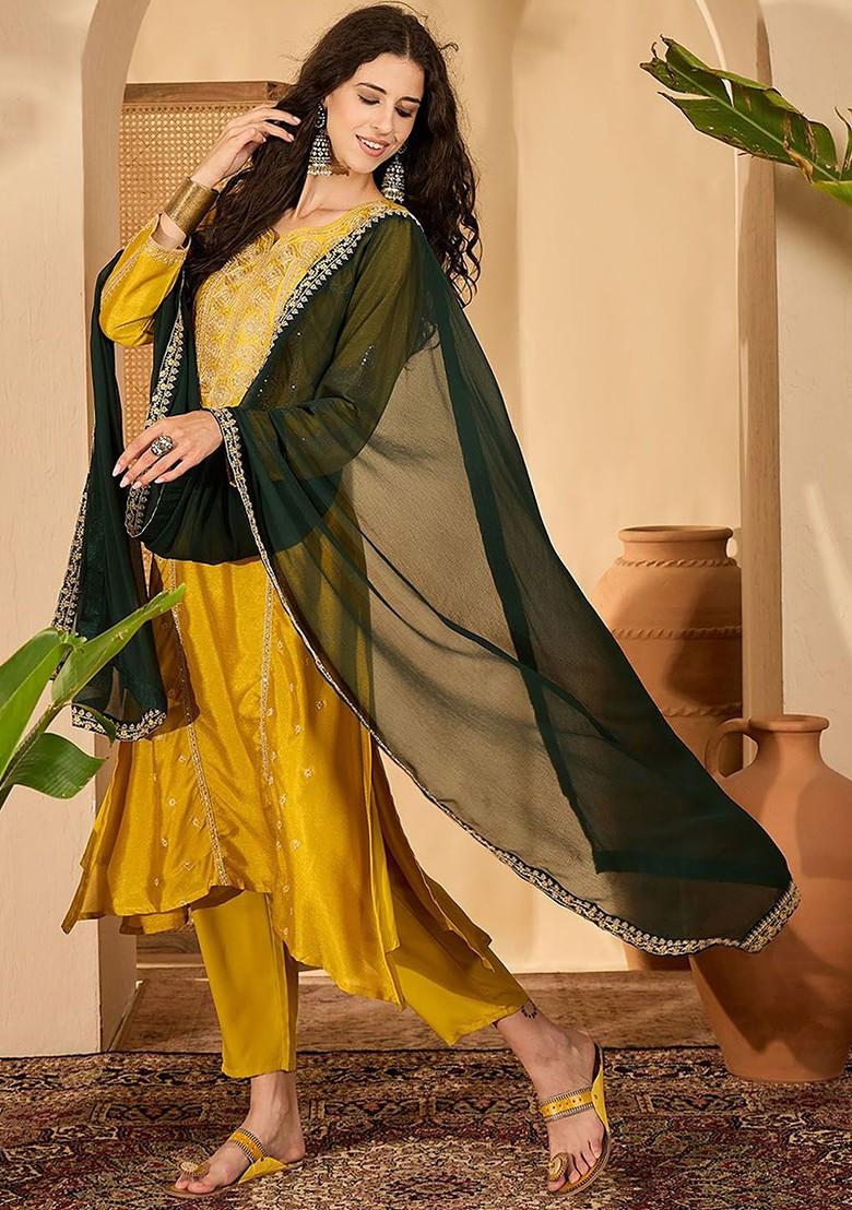 Mustard Embroidered Blended Kurta Set - Indya