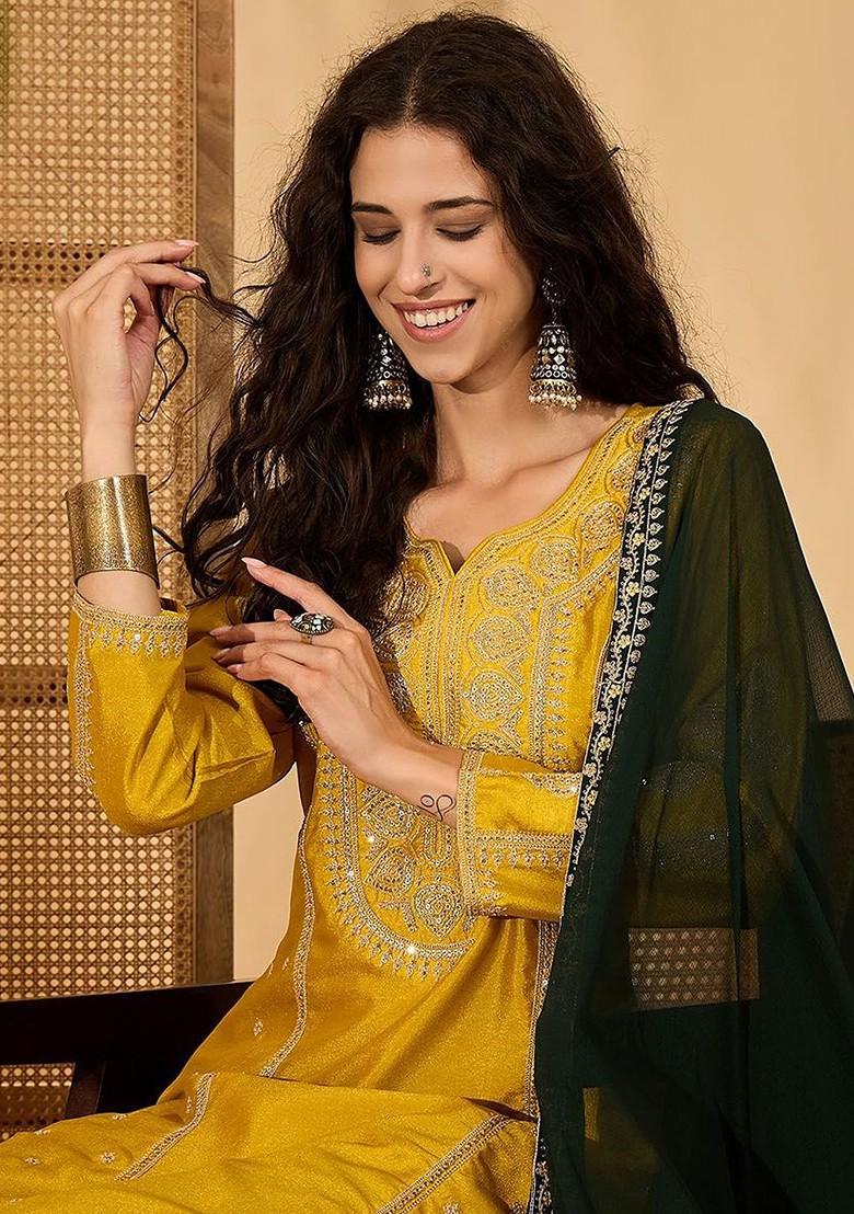 Mustard Embroidered Blended Kurta Set - Indya