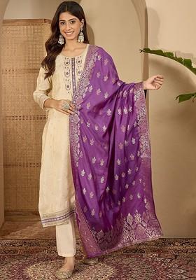 Off White Embroidered Blended Kurta Set