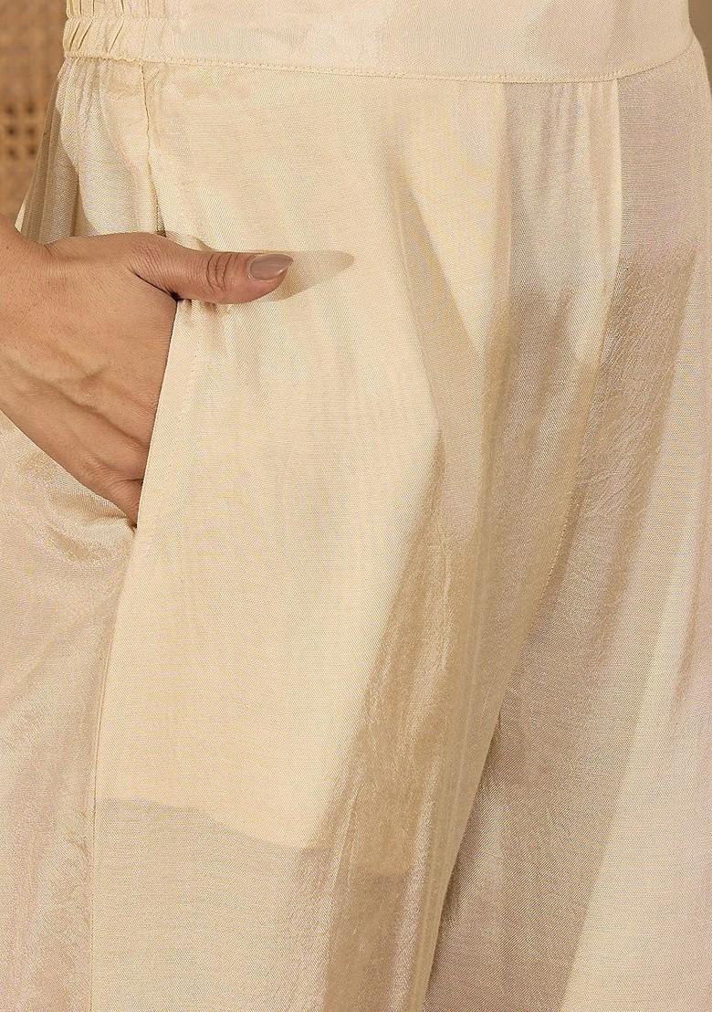 Off White Embroidered Blended Kurta Set - Indya