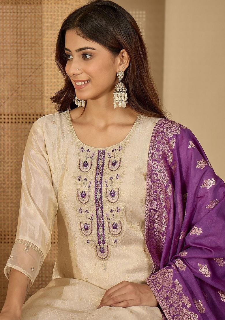 Off White Embroidered Blended Kurta Set - Indya