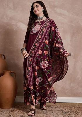 Burgundy Sequinned Blended Kurta Set