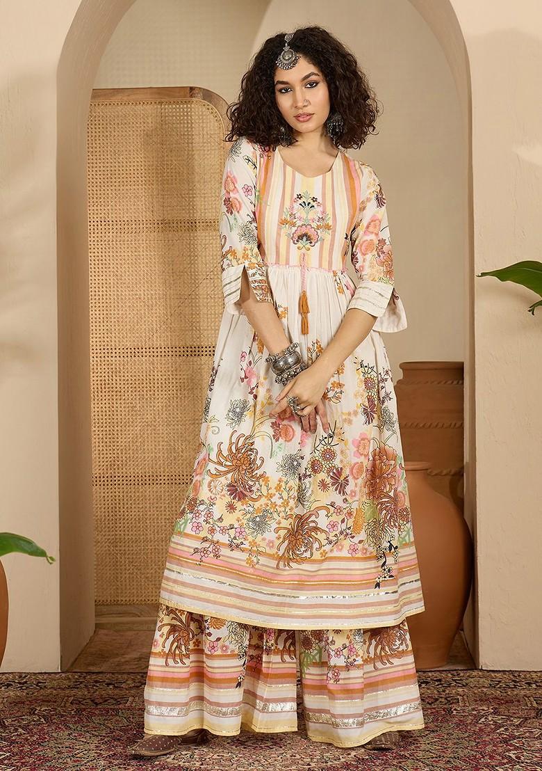 Yellow Printed Blended Kurta Set - Indya