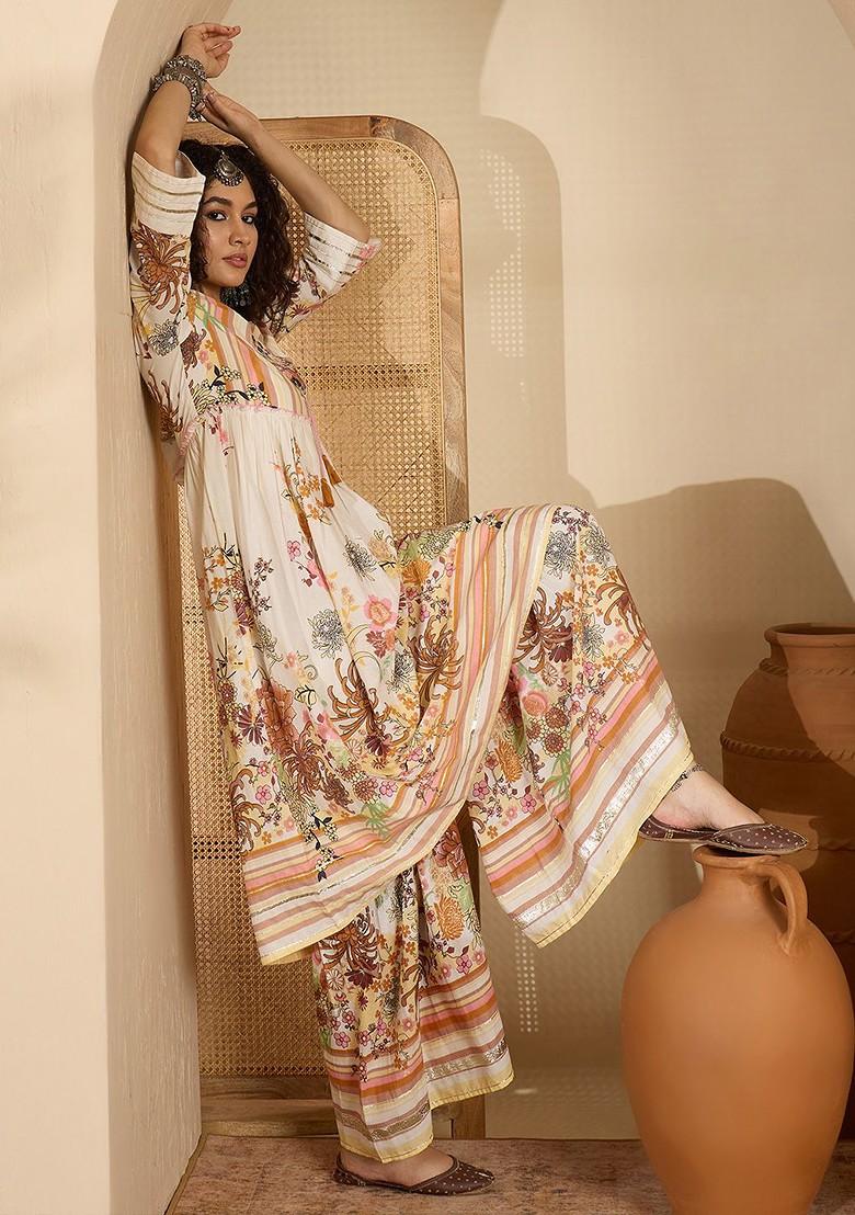 Yellow Printed Blended Kurta Set - Indya