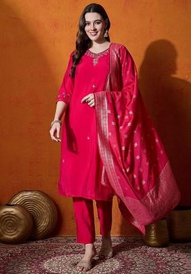 Red Embroidered Blended Kurta Set