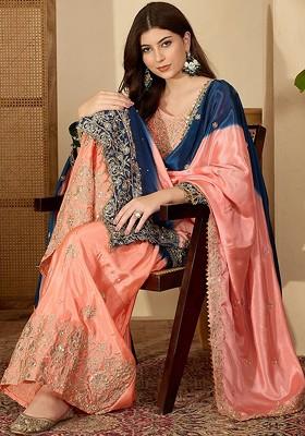 Peach Embroidered Blended Kurta Set