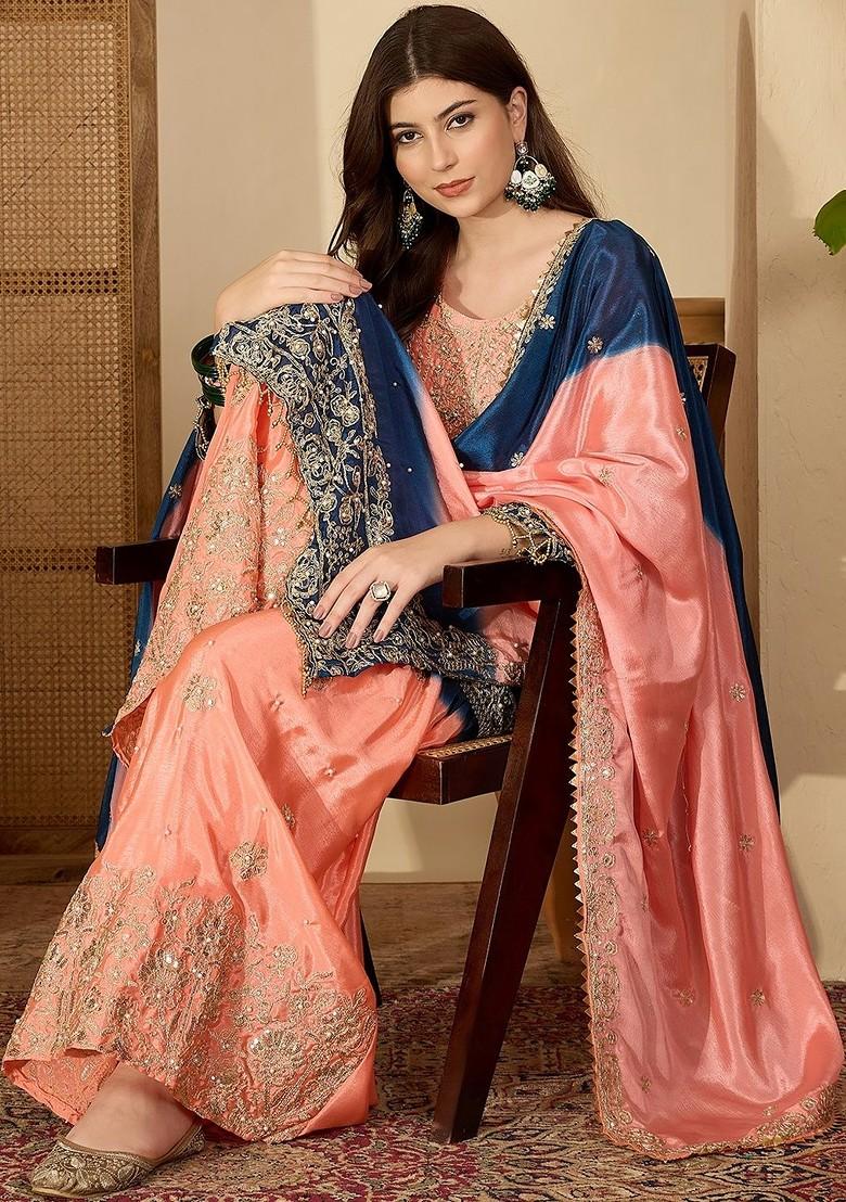 Peach Embroidered Blended Kurta Set - Indya