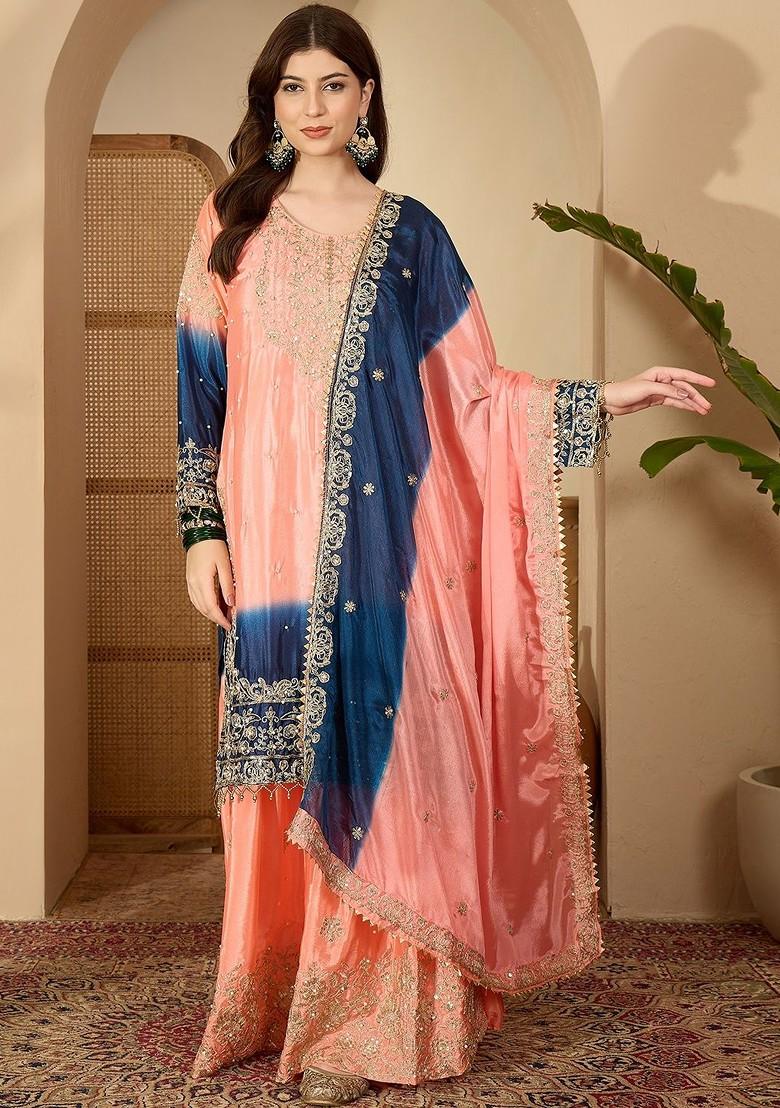 Peach Embroidered Blended Kurta Set - Indya