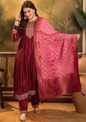 Red Embroidered Blended Kurta Set