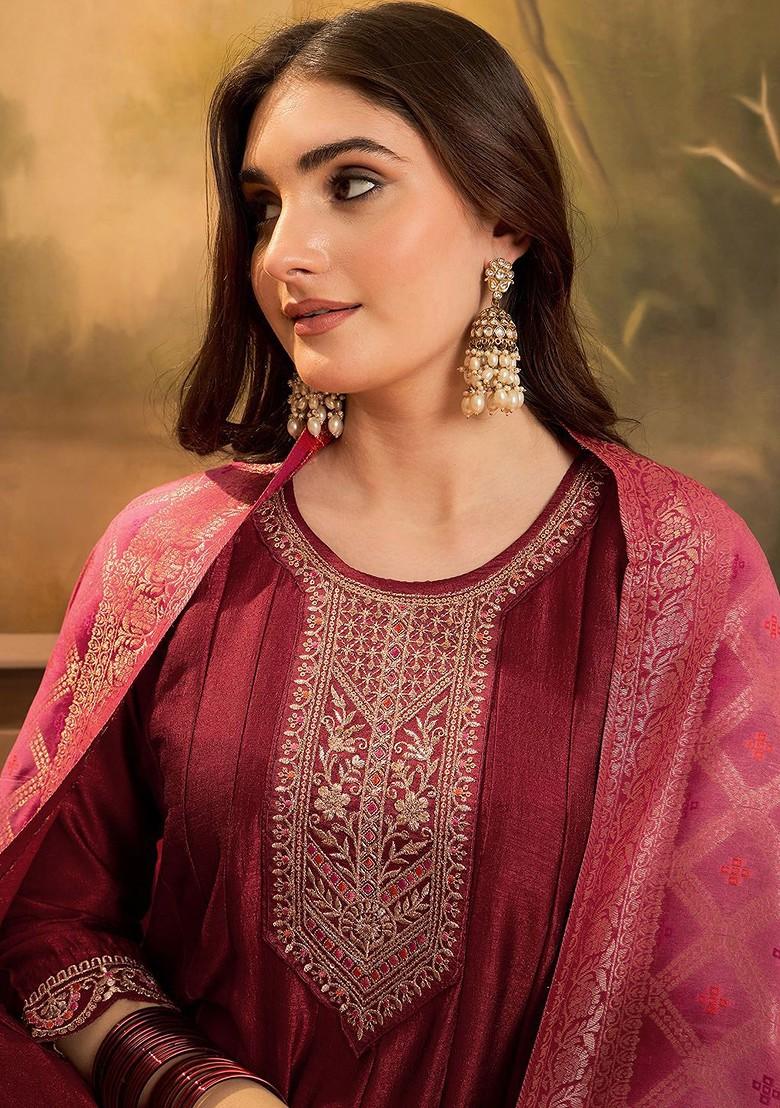 Red Embroidered Blended Kurta Set - Indya