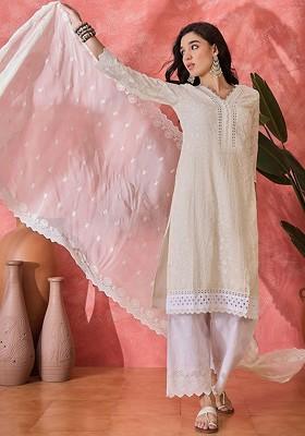 Off White Embroidered Blended Kurta Set