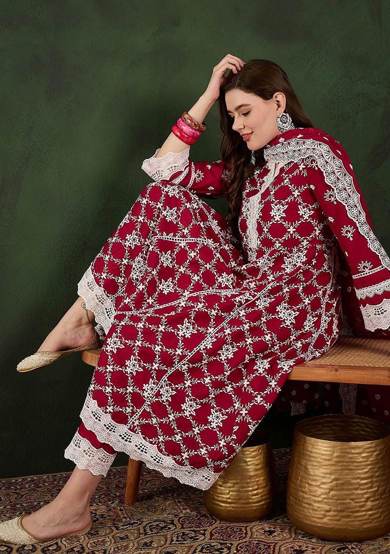 Red Embroidered Blended Kurta Set - Indya