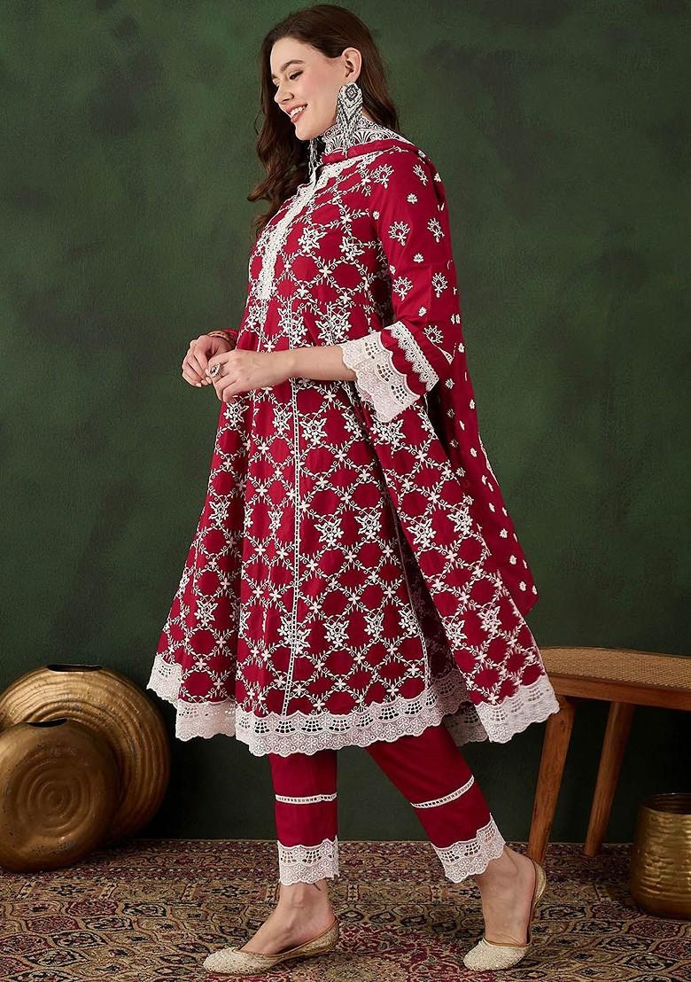 Red Embroidered Blended Kurta Set - Indya