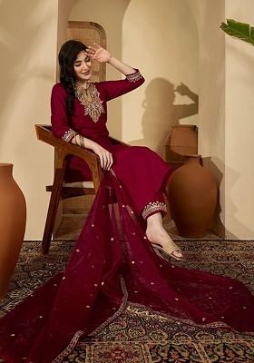 Maroon Yoke Design Blended Kurta Set