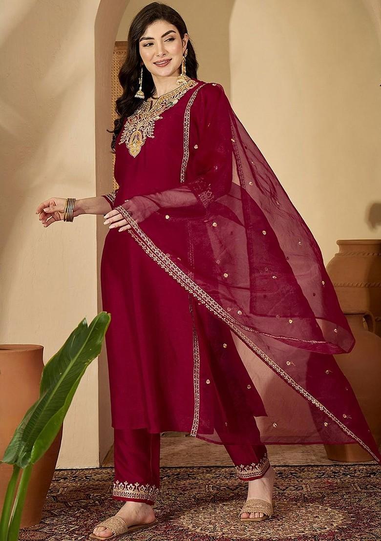 Maroon Yoke Design Blended Kurta Set - Indya