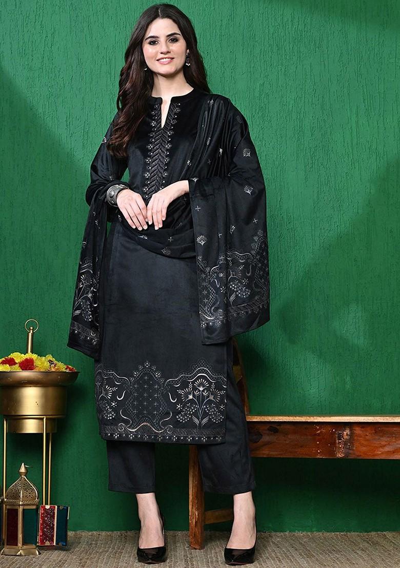 Black Printed Blended Kurta Set - Indya