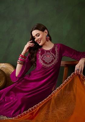 Magenta Embroidered Blended Kurta Set