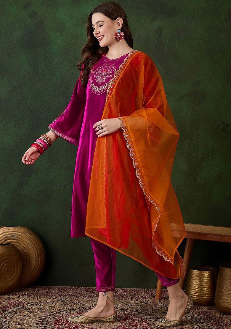 Magenta Embroidered Blended Kurta Set - Indya