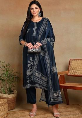 Navy Blue Printed Blended Kurta Set