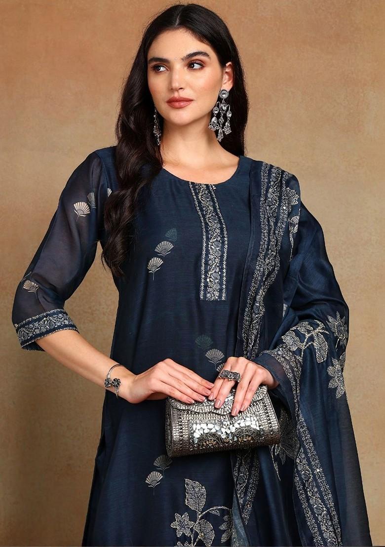 Navy Blue Printed Blended Kurta Set - Indya