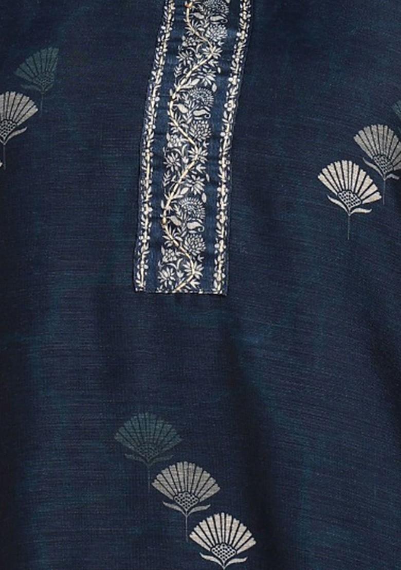 Navy Blue Printed Blended Kurta Set - Indya