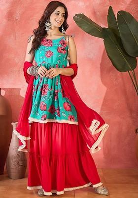 Red Printed Blended Kurta Set