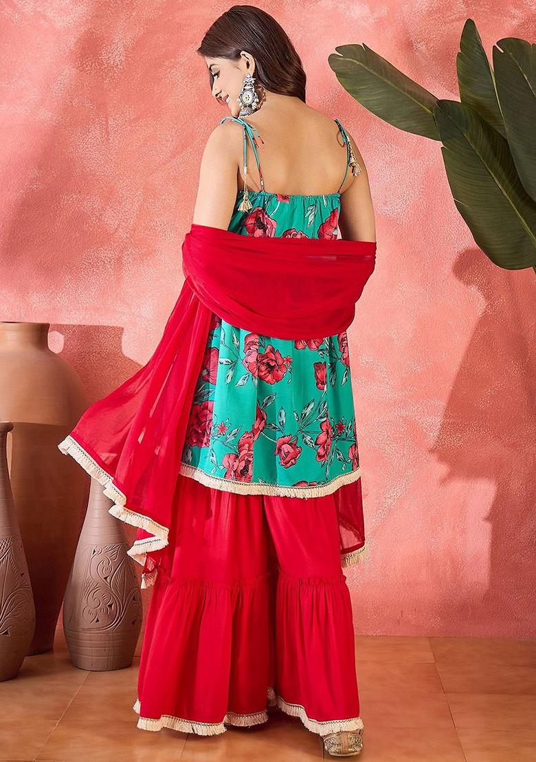 Red Printed Blended Kurta Set - Indya