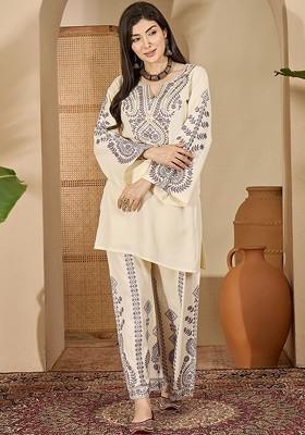 Off White Yoke Design Blended Kurta Set
