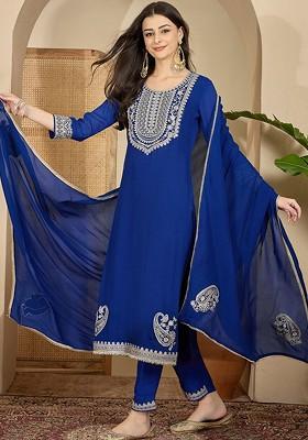 Blue Embroidered Blended Kurta Set