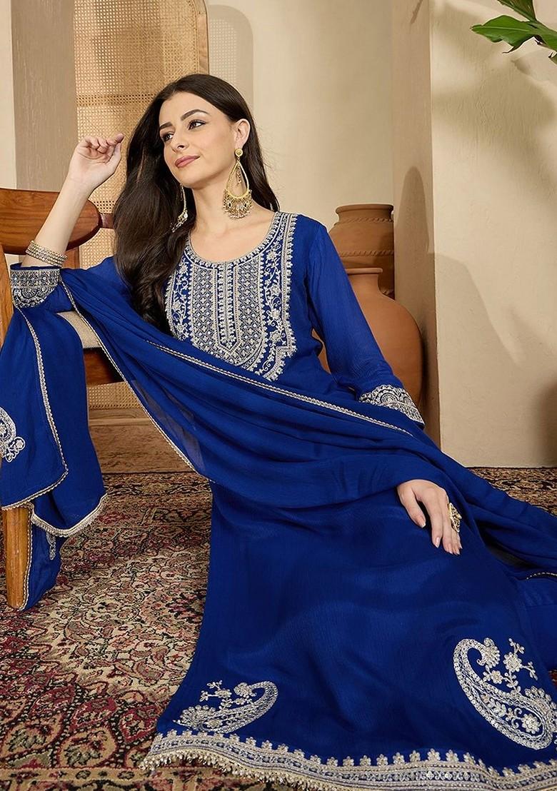 Blue Embroidered Blended Kurta Set - Indya
