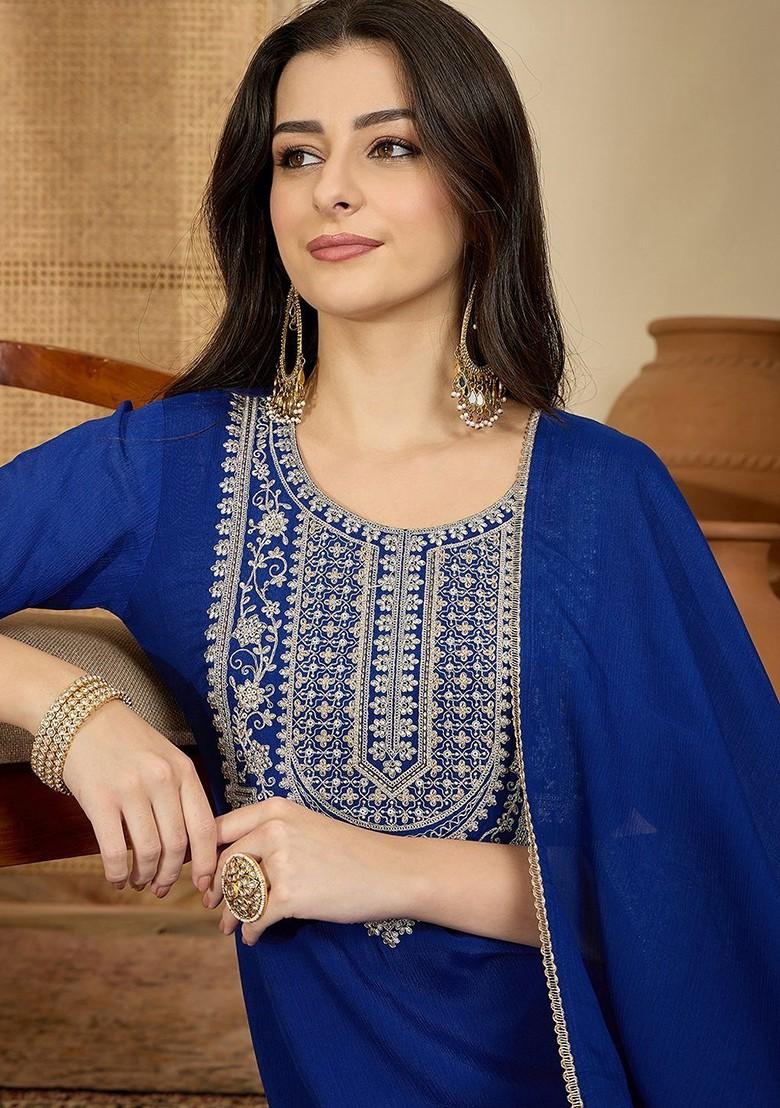 Blue Embroidered Blended Kurta Set - Indya