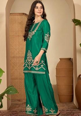 Green Embroidered Blended Kurta Set