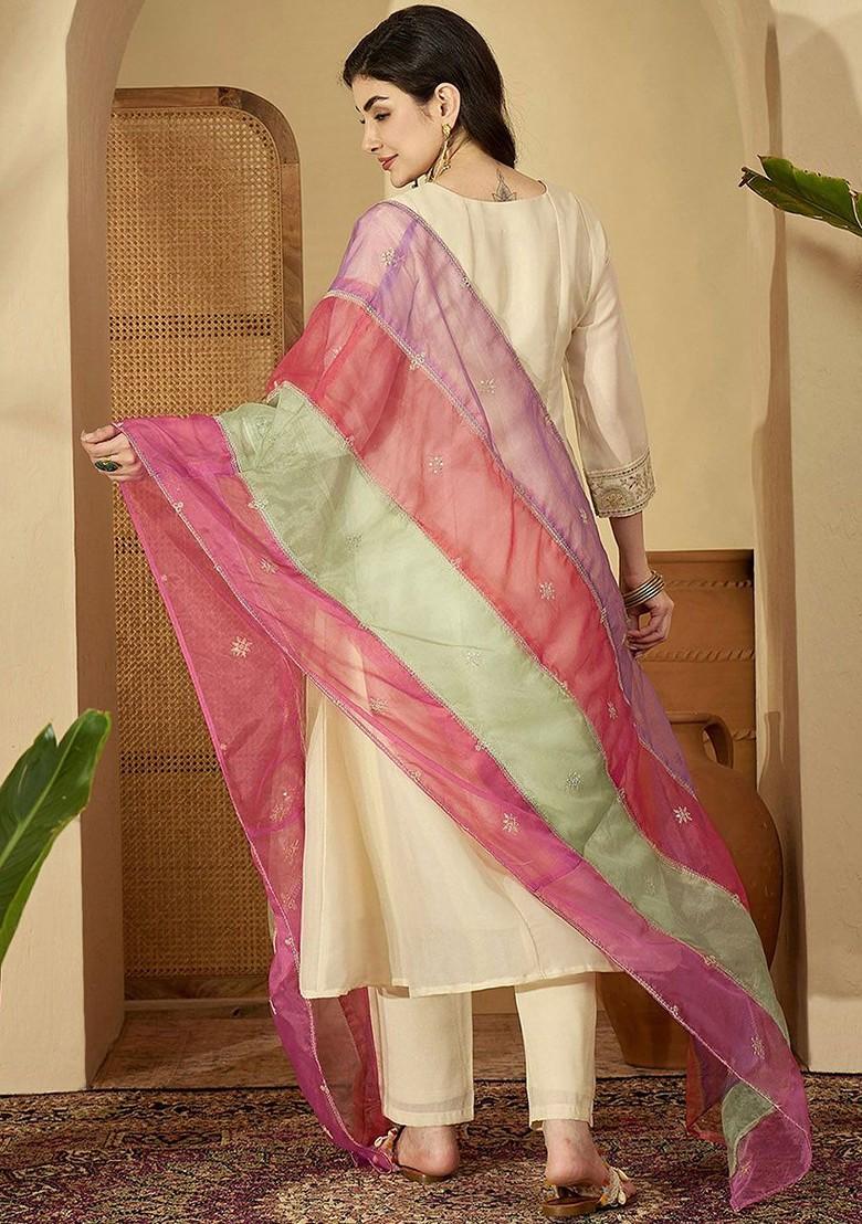 Off White Embroidered Blended Kurta Set - Indya