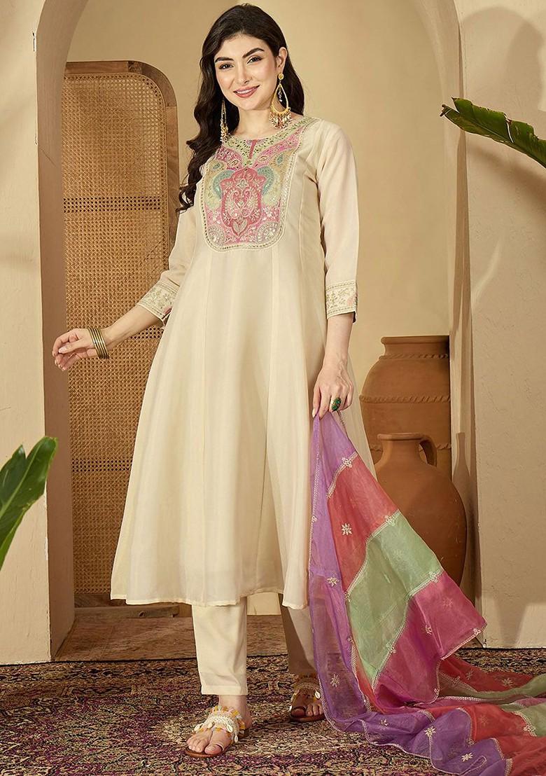 Off White Embroidered Blended Kurta Set - Indya