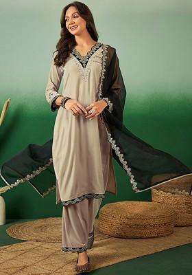 Beige Embroidered Blended Kurta Set